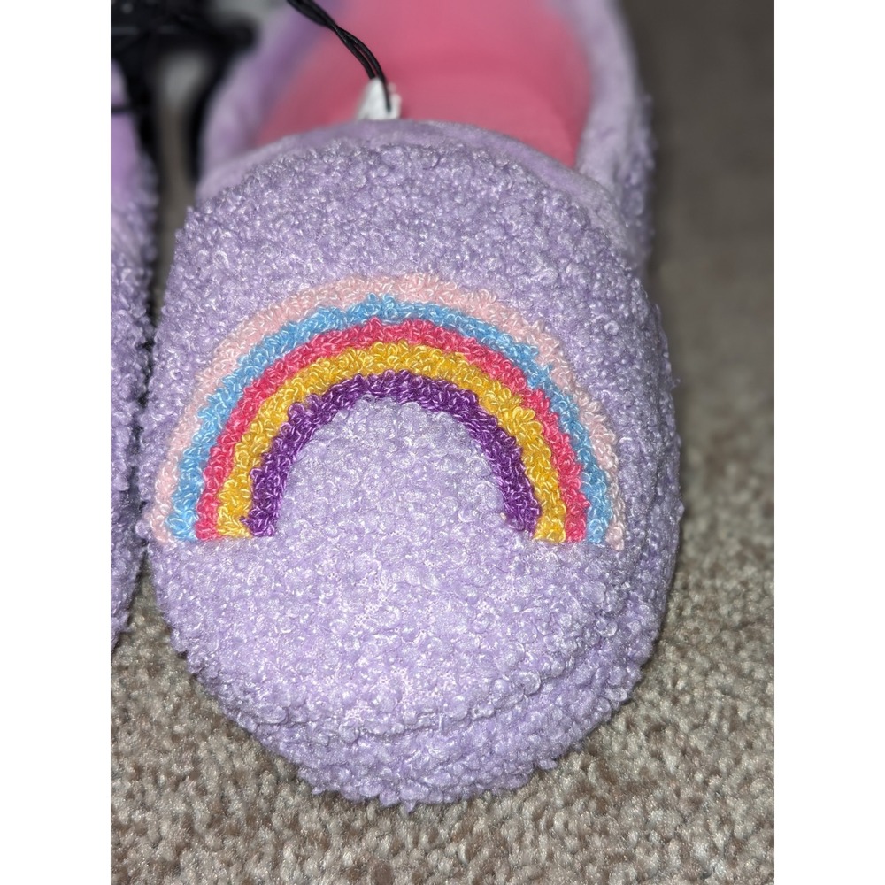 Wonder Nation Rainbow Slippers Fuzzy Cozy Purple Kids Size 7-8 NWT